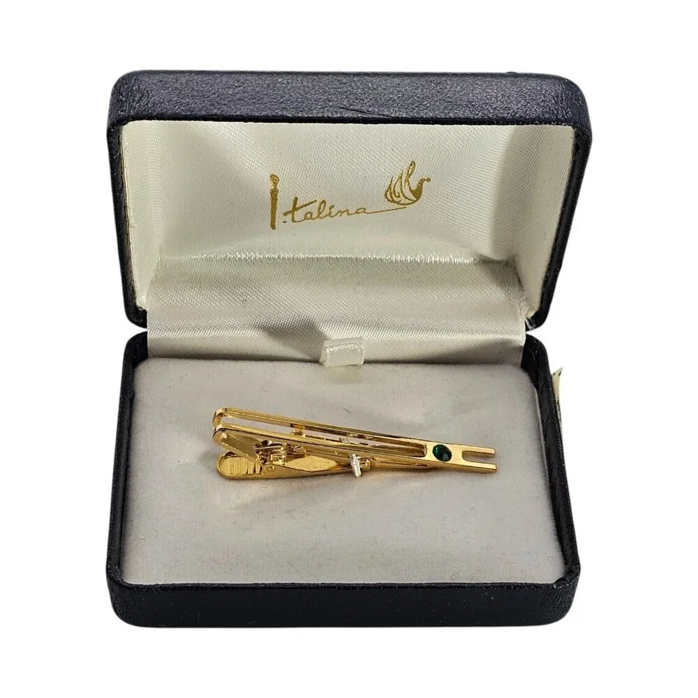 Italian Tie Bar/Clip with green crystal in gold - vintage 1900051
